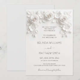 White Faux Relief Roses Frame Wedding Minimalist Einladung