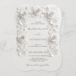 White Faux Relief Roses Frame Wedding Minimalist Einladung