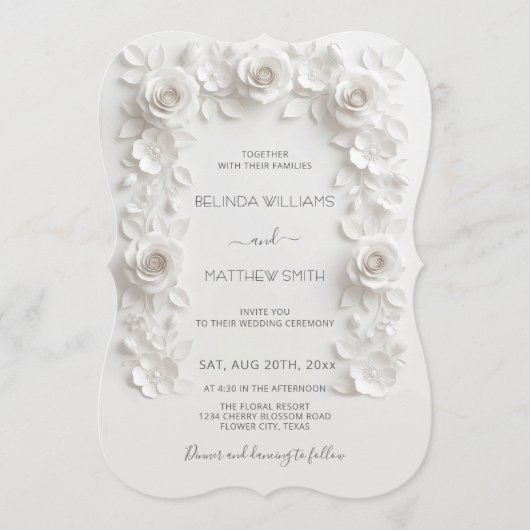 White Faux Relief Roses Frame Wedding Minimalist Einladung (Vorderseite)