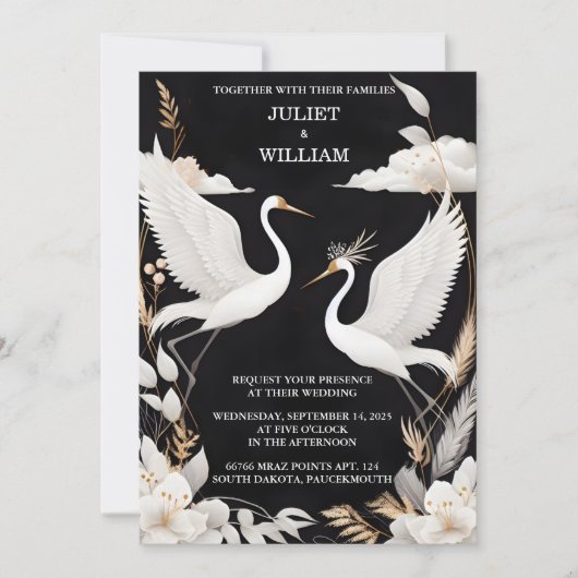 White Feather Rustic Asian Sky Cloud Crane Wedding Einladung (Vorderseite)