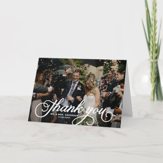 White Feminine Rustic Script Foto Wedding Dankeskarte (Vorderseite)