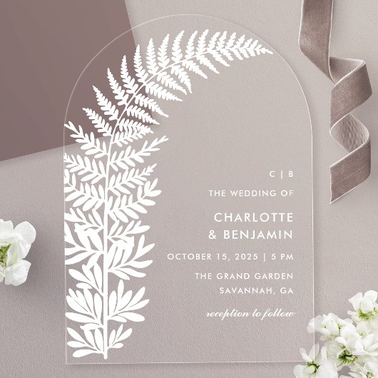 White Fern Moderne Minimalistisch Arch Wedding Acryleinladungen