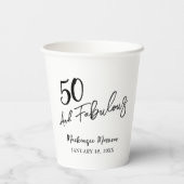 White Fifty and Fabulous Script Birthday Party Pappbecher (Rückseite)