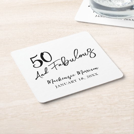 White Fifty and Fabulous Script Birthday Party Rechteckiger Pappuntersetzer (angewinkelt)