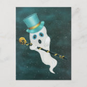 White Floating Ghost in Sky Top Hat Skull Cane Postkarte (Vorderseite)