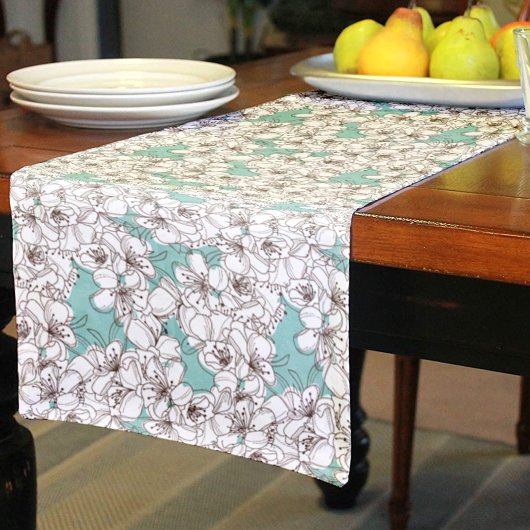 White Flora Bunch Aqua Aquamarin Brown Kurzer Tischläufer