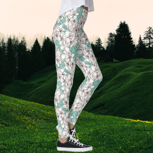 White Flora Bunch Aqua Aquamarin Brown Leggings