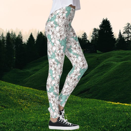 White Flora Bunch Aqua Aquamarin Brown Leggings