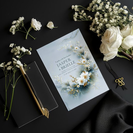 White Floral and Blue Pine Gold Wreath Wedding Einladung