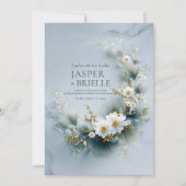 White Floral and Blue Pine Gold Wreath Wedding Einladung (Vorderseite)