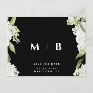 White Floral B/W Monogram Wedding Save the Date Postkarte