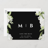 White Floral B/W Monogram Wedding Save the Date Postkarte (Vorne/Hinten)
