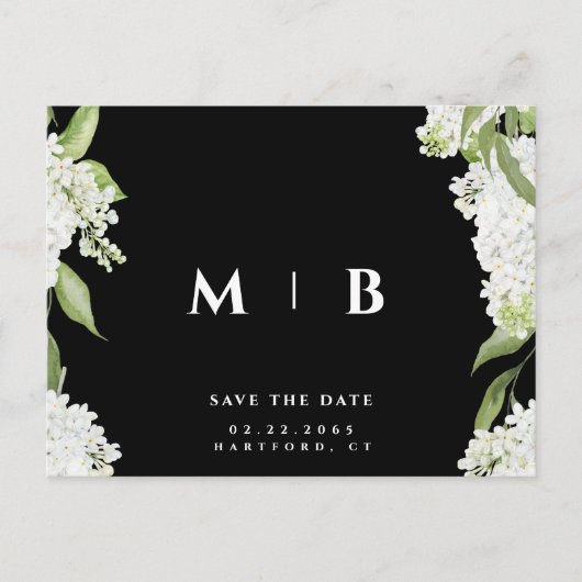 White Floral B/W Monogram Wedding Save the Date Postkarte (Vorderseite)