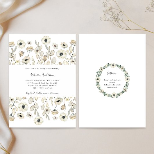 White Floral Baby Dusche + Windelraffinerie Einladung