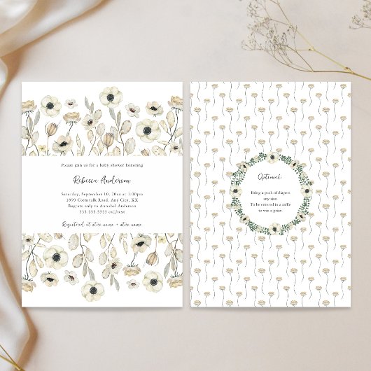 White Floral baby shower + diaper raffle Einladung