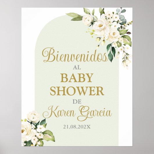 White Floral Baby Shower Junge Spanische Begrüßung Poster (Vorne)