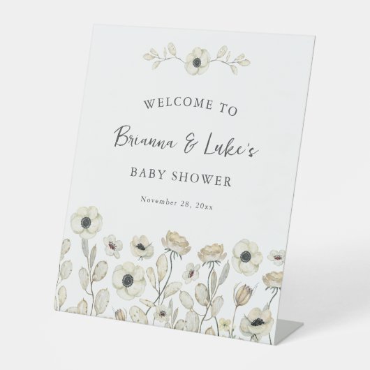 White Floral Baby Shower Welcome Sockelschild (Vorderseite)