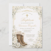 White Floral Baptism Invite with Cowboy Boots Einladung (Vorderseite)