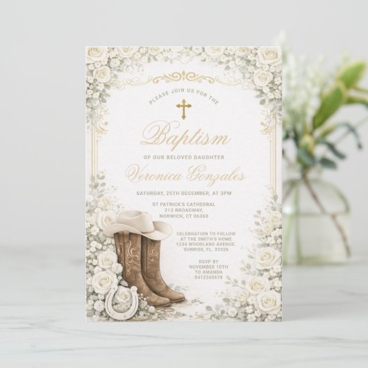 White Floral Baptism Invite with Cowboy Boots Einladung (Stehend Vorderseite)