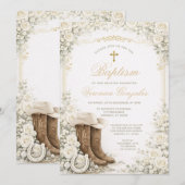 White Floral Baptism Invite with Cowboy Boots Einladung (Vorne/Hinten)