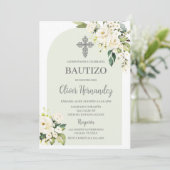 White Floral Bautizo Einladung (Stehend Vorderseite)