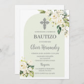 White Floral Bautizo Einladung (Vorne/Hinten)