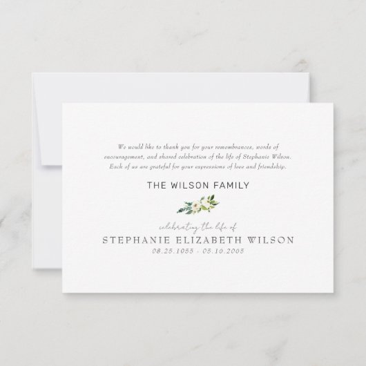 White Floral Beerdigung Bereavement Modern Dankeskarte (Rückseite)