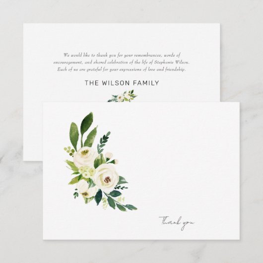 White Floral Beerdigung Bereavement Modern Dankeskarte (Vorne/Hinten)