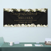 White Floral Black and Gold Script Abschluss Banner (Messe)