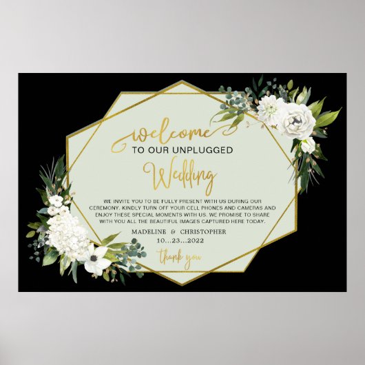 White Floral Black Gold Wedding Names nicht angesc Poster (Vorne)