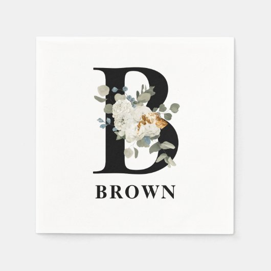 White Floral Black Monogram B Napkins Serviette (Vorderseite)
