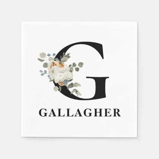 White Floral Black Monogram G Serviette (Vorderseite)