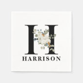 White Floral Black Monogram H Serviette (Vorderseite)