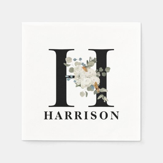 White Floral Black Monogram H Serviette (Vorderseite)