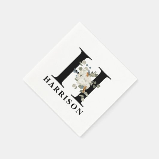 White Floral Black Monogram H Serviette (Ecke)