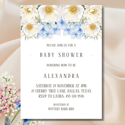 White Floral Blue Hydrangea Garden Baby Dusche Einladung