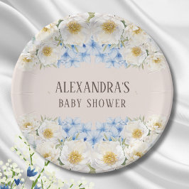 White Floral Blue Hydrangea Garden Baby Dusche Pappteller
