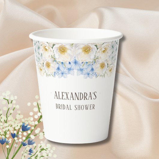 White Floral Blue Hydrangea Garten Brautparty Pappbecher