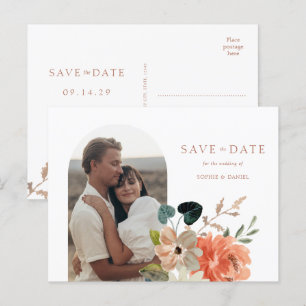 White Floral Boho Foto Hochzeit retten das Datum Ankündigungspostkarte