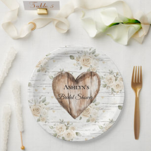 White Floral Boho Imitats Holz Herz Brautparty Pappteller