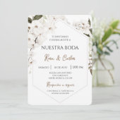 White Floral Boho Spanische Hochzeit Einladung (Stehend Vorderseite)