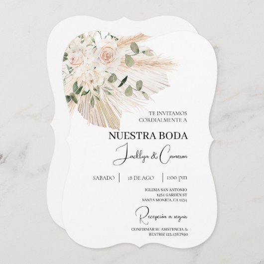 White Floral Boho Spanische Hochzeit Einladung (Vorne/Hinten)