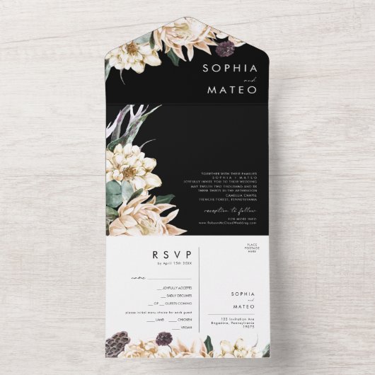 White Floral Bouquet | Schwarzes Siegel und Senden All In One Einladung (Innen Boden)