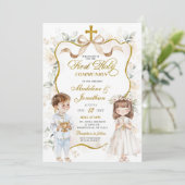 White Floral Boy and Girl First Heilige Kommune Einladung (Stehend Vorderseite)