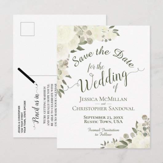 White Floral Calligraphy Wedding Save the Date Ankündigungspostkarte (Vorne/Hinten)