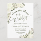 White Floral Calligraphy Wedding Save the Date Ankündigungspostkarte (Vorderseite)