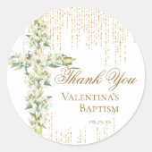 White Floral Cross Gold Glitzer Script Vielen Dank Runder Aufkleber (Vorderseite)