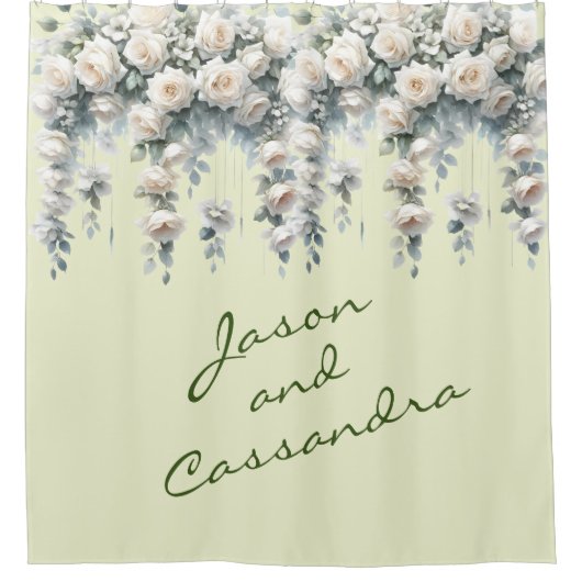 White Floral Customized Wedding Banner Duschvorhang (Vorderseite)