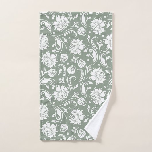 White floral damasks pattern on sage green badhandtuch set (Handtuch)
