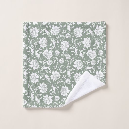 White floral damasks pattern on sage green badhandtuch set (Waschlappen)
